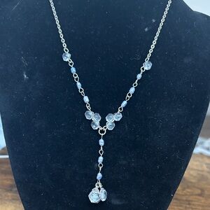 1928 Silver-Tone Y Necklace with Clear and Light Blue Beads